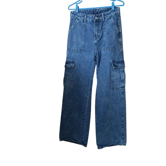 SHEIN Denim - Shein Women's Size 6 Blue Wide Leg Denim Cargo Jeans Casual Classic Utility